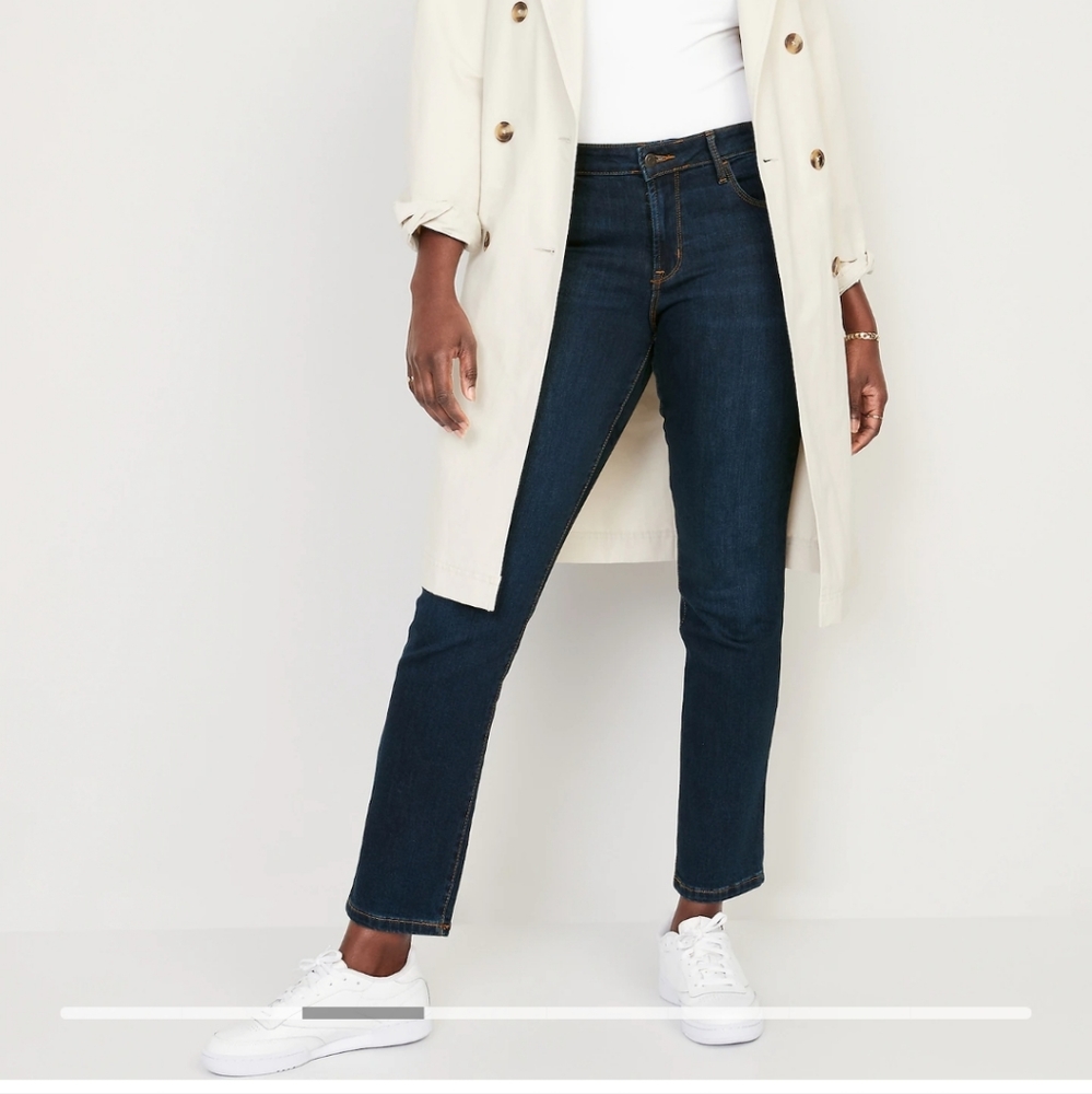 Mid-Rise Dark-Wash Power Slim Straight Jeans for Women